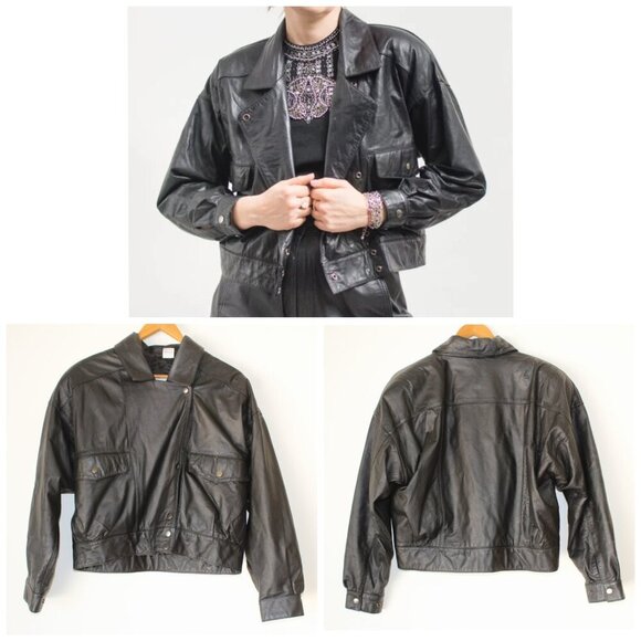 Vintage 80's Together Leather Bomber Black Jacket Small Motorcycle Pocket button - Picture 1 of 13